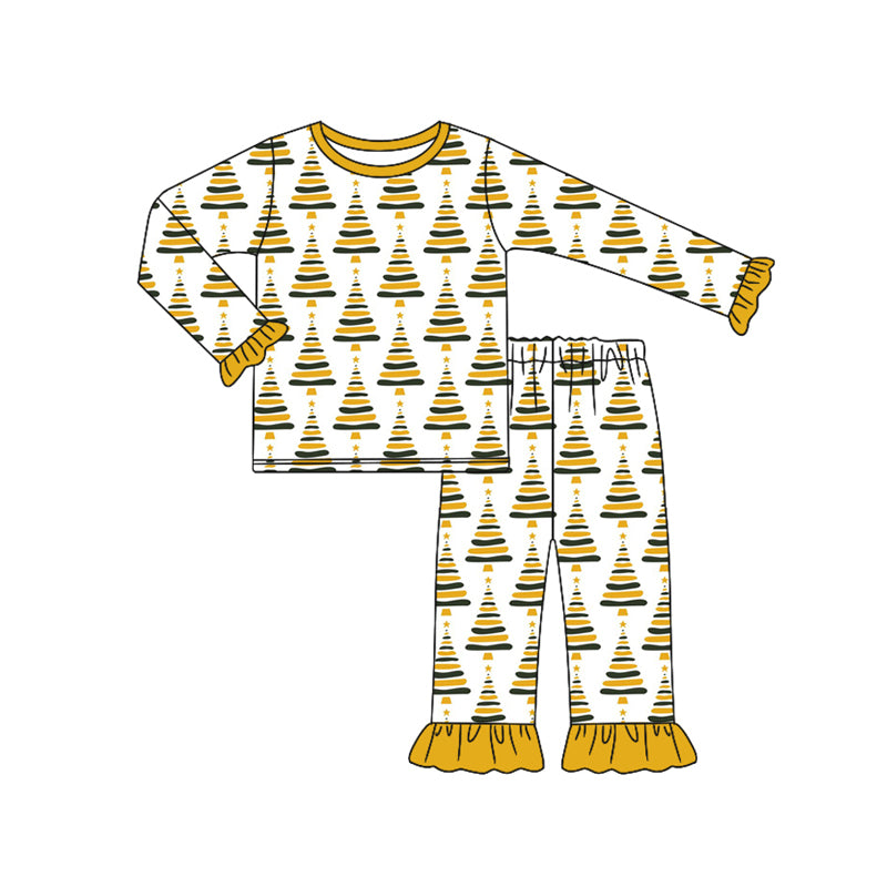Preorder (moq 5)Baby Girls Long Ruffle Sleeves Yellow Trees Plaid Top Pant Pajamas Set