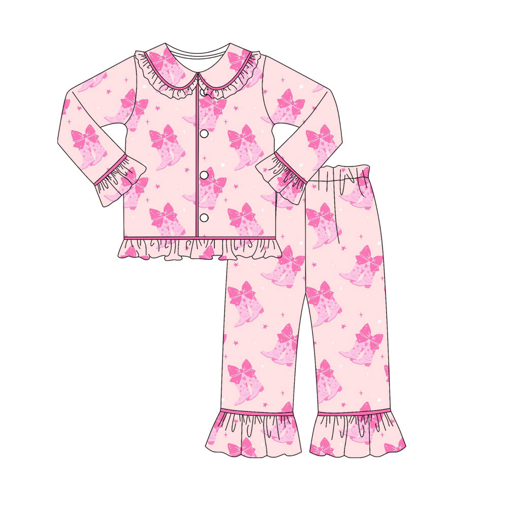 Preorder (moq 5)Baby Girls Pink Bows Boots Button Top Ruffle Pants Pajamas Sets