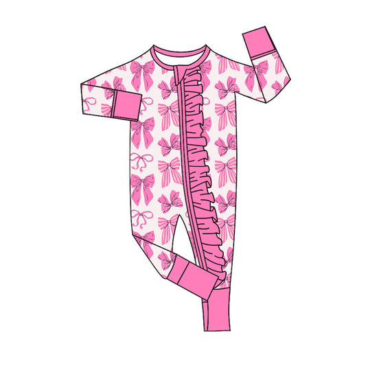 Preorder (moq 8)Baby Girls Long Sleeve Pink Bows Ruffle Zipper Footie Rompers