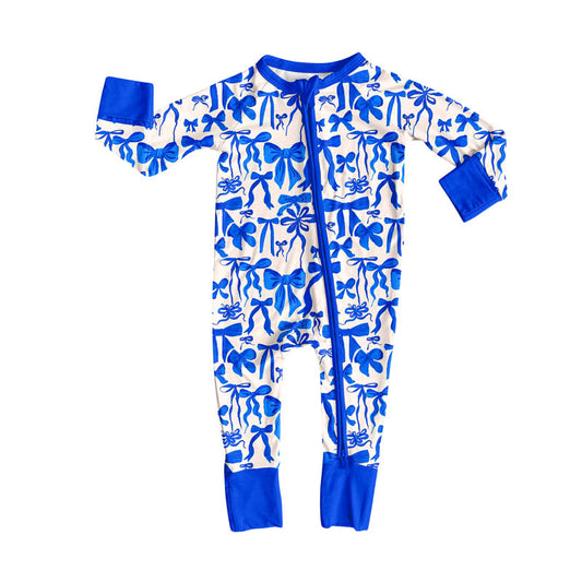Preorder (moq 8)Baby Girls Blue Bows Plaid Zipper Footie Rompers