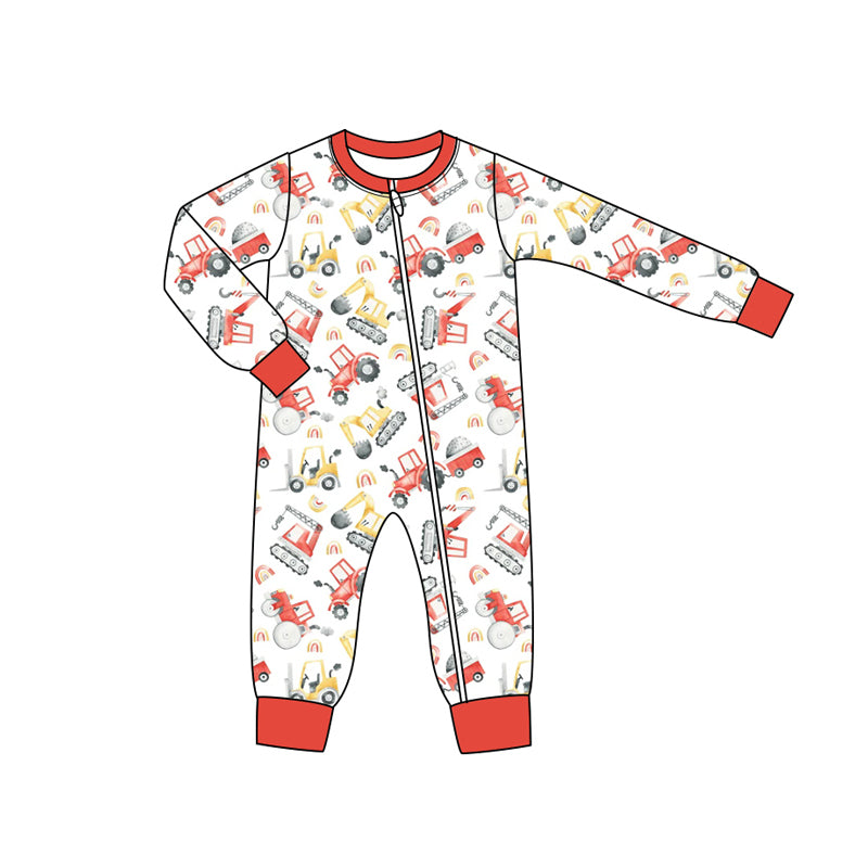 Preorder moq 5 Baby Infant Boys Long Sleeves Trucks Excavators Plaid Zipper Romper