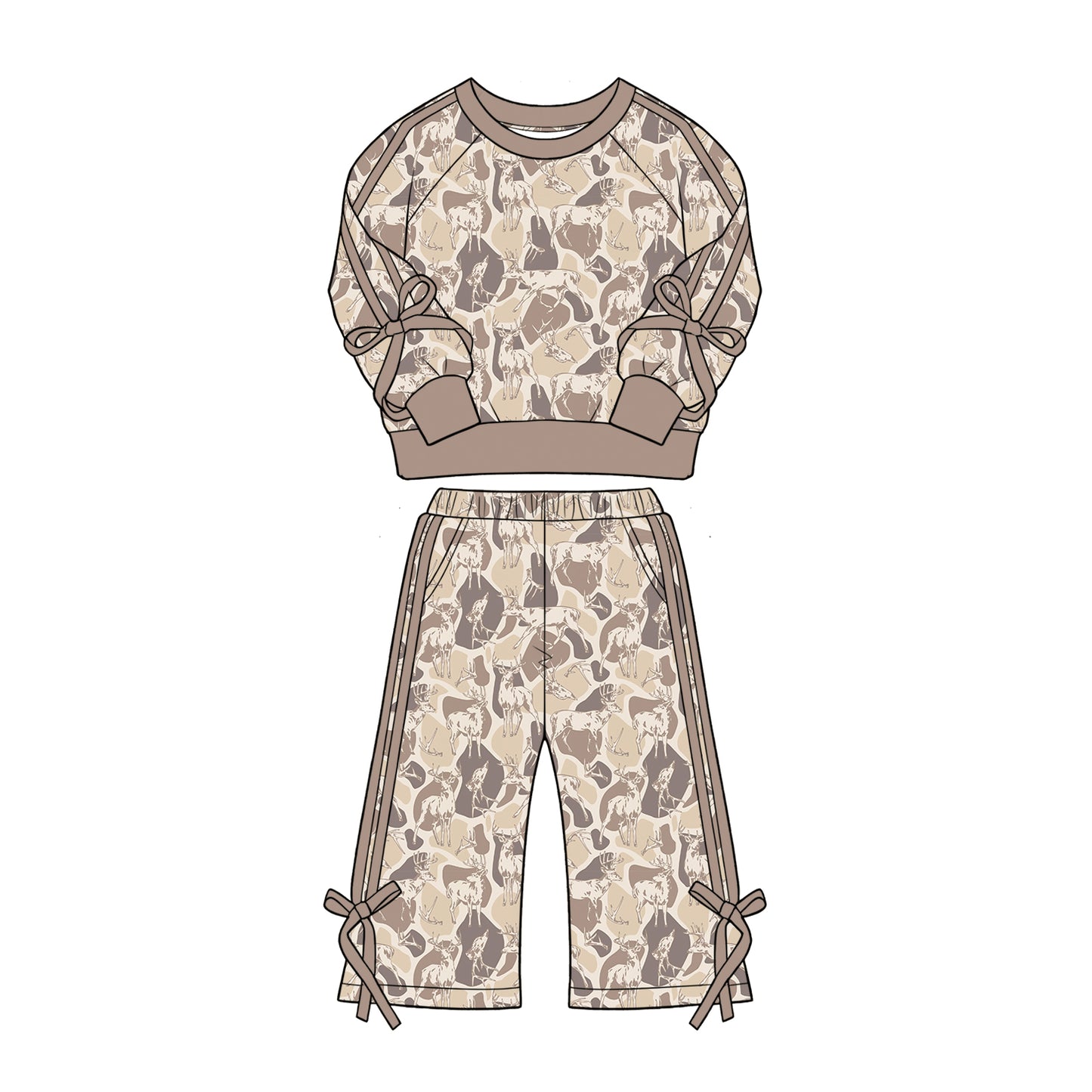 Preorder (moq 5)Baby Girls Khaki Dogs Deer Top Flare Pockets Pant Hunting Clothes Sets