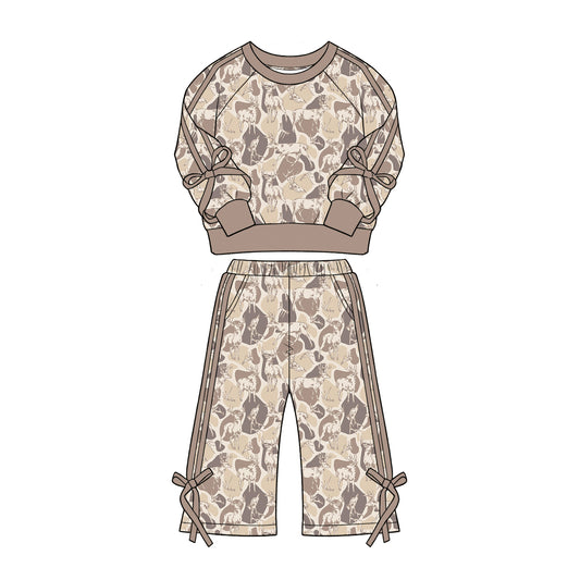 Preorder (moq 5)Baby Girls Khaki Dogs Deer Top Flare Pockets Pant Hunting Clothes Sets