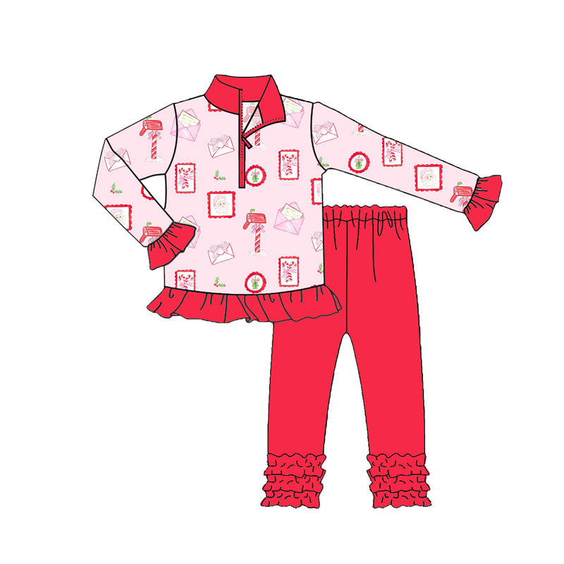 Preorder (moq 5)Baby Girls Santa Letter Zipper Pullover Ruffle Leggings Christmas Clothes Sets