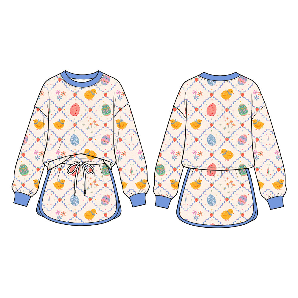 Preorder (moq 5) Baby Girl Clothes Easter Chick Egg Strawberry Lattice Mixed Print Long Sleeve Top Skirt Boutique Outfit Set