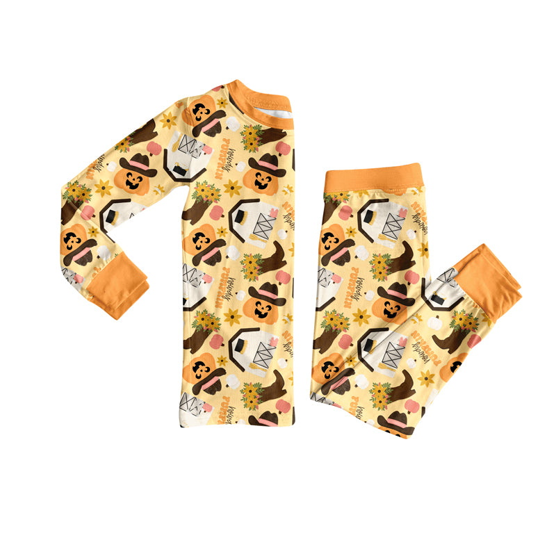 Preorder (moq 5)Baby Girls Yellow Long Sleeves Ghost Pumpkins Top Pant Pajamas Set