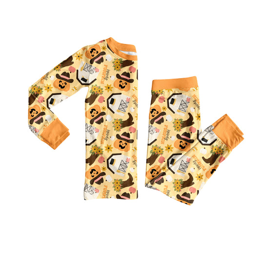 Preorder (moq 5)Baby Girls Yellow Long Sleeves Ghost Pumpkins Top Pant Pajamas Set
