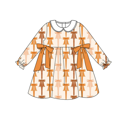 Preorder (moq 5)Baby Girls Long Ruffle Sleeves Yellow Bows Stripes Knee Length Dresses