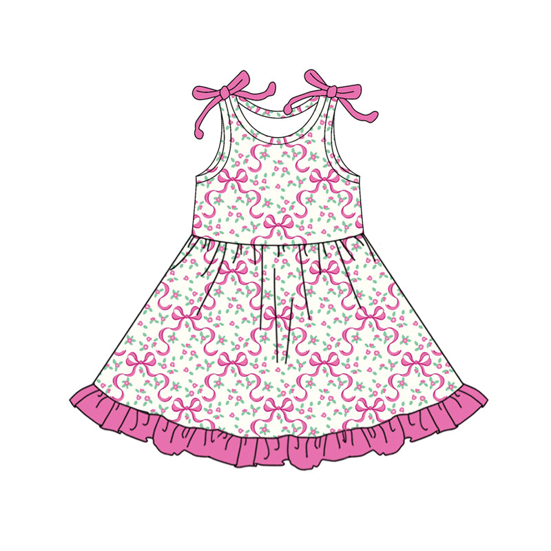 Preorder (moq 5)Baby Girls Bows Sleeveless Hot Pink Bows Flowers Plaid Ruffle Knee Length Dresses