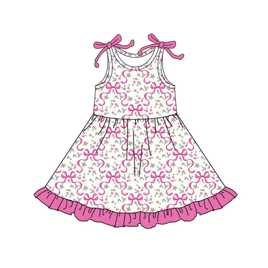 Preorder (moq 5)Baby Girls Bows Sleeveless Hot Pink Bows Flowers Plaid Ruffle Knee Length Dresses