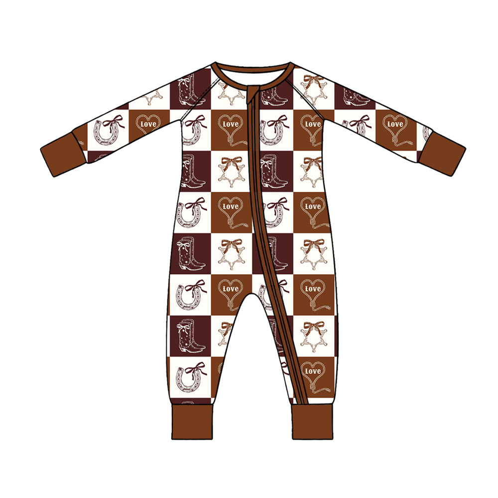 Preorder (moq 5) Baby Clothes Western Cowboy Checkered Print Long Sleeve Zipper Romper