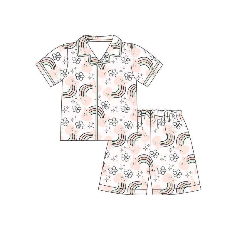 Preorder (moq 5)Baby Girls Rabbits Rainbows Flowers Button Top Shorts Easter Pajamas Sets