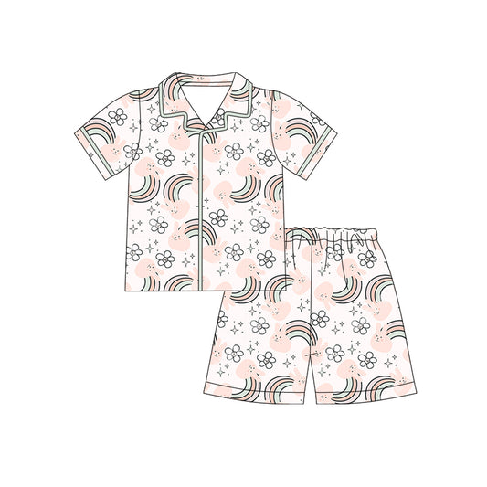Preorder (moq 5)Baby Girls Rabbits Rainbows Flowers Button Top Shorts Easter Pajamas Sets