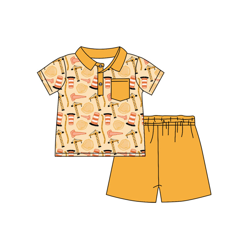Preorder moq 5 Baby Boys Yellow Short Sleeves Button Pocket Line Tower Top Short Set