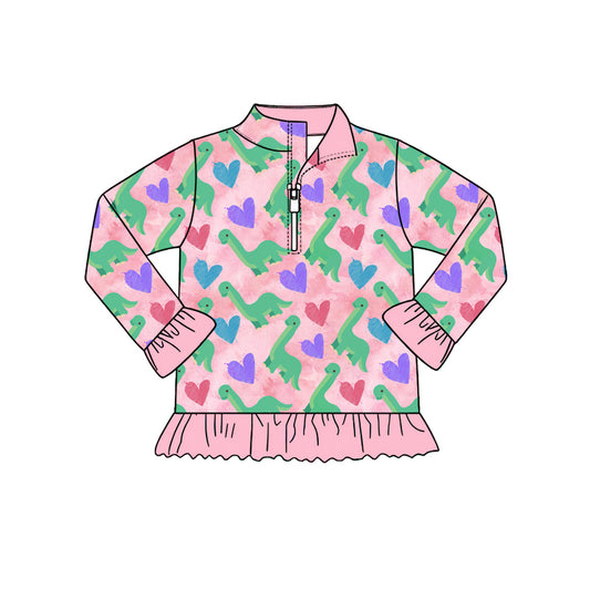 Preorder (moq 5) Baby Girl Clothes Watercolor Dinosaur Heart Allover Print Long Sleeve Half Zip Ruffle Hem Top