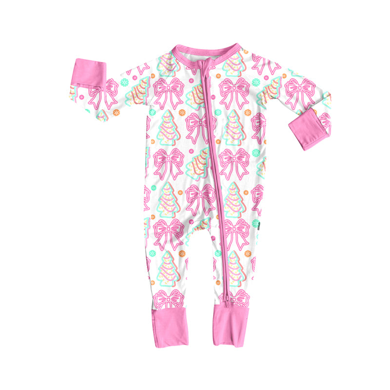 Preorder (moq 5)Baby Girls Long Sleeves Pink Stripe Bows Trees Plaid Zipper Romper