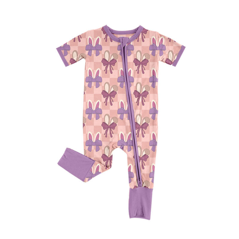 Preorder (moq 5)Baby Boys Pink Checked Rabbits Bows Easter Zipper Footie Rompers