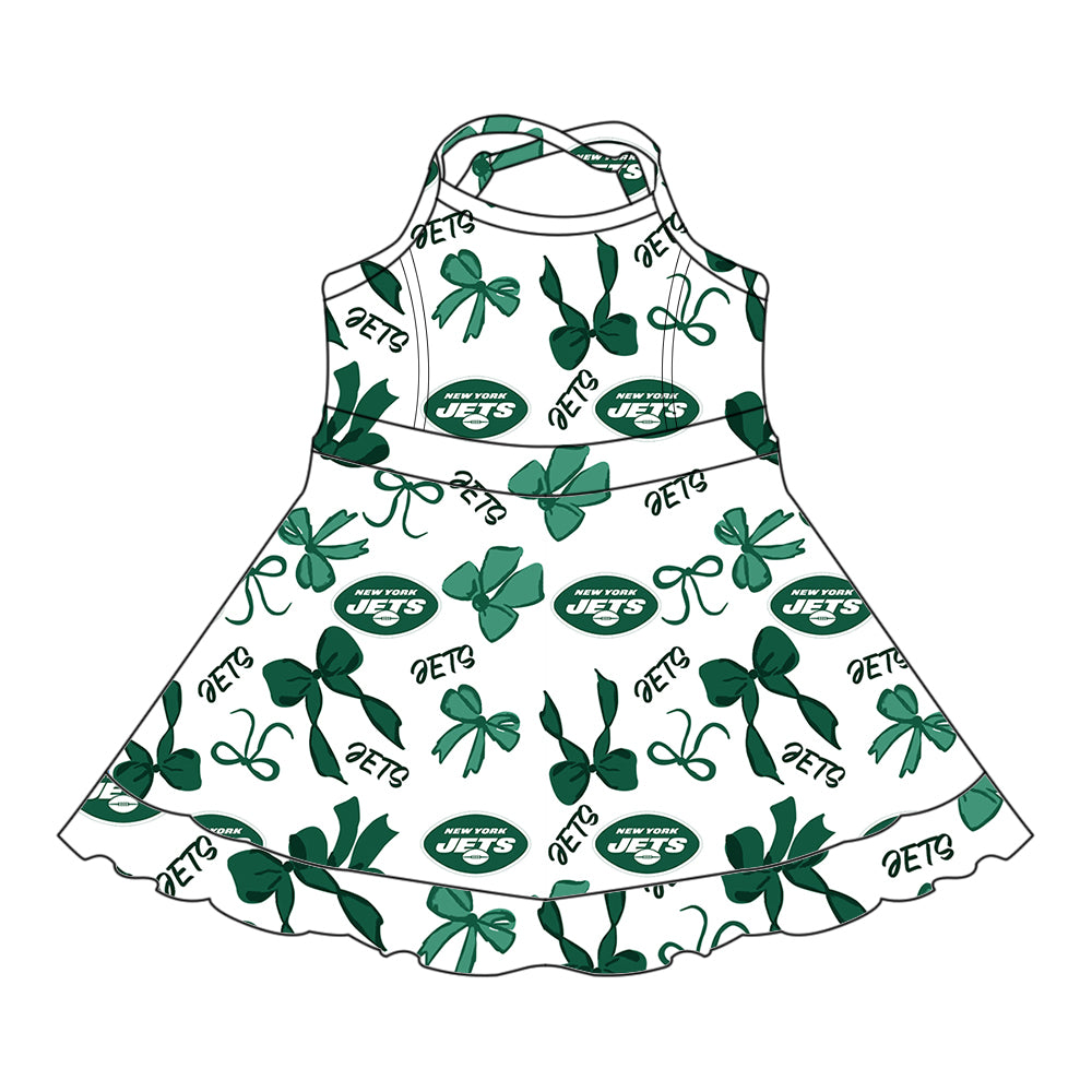 Preorder (moq 5)Baby Girls Strap Green Bows Plaid Jets Short Ruffle Team Knee Length Dresses