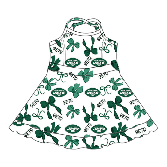 Preorder (moq 5)Baby Girls Strap Green Bows Plaid Jets Short Ruffle Team Knee Length Dresses
