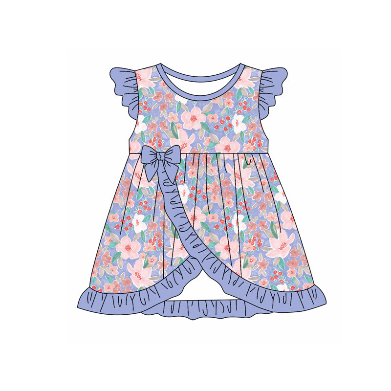 Preorder (moq 5)Baby Girls Purple Flowers Bow Knee Length Dresses