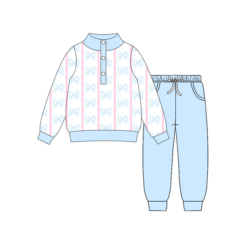Preorder(moq 5) Baby Girls Blue Bows Stripe Button Top Pockets Jogger Clothes Sets