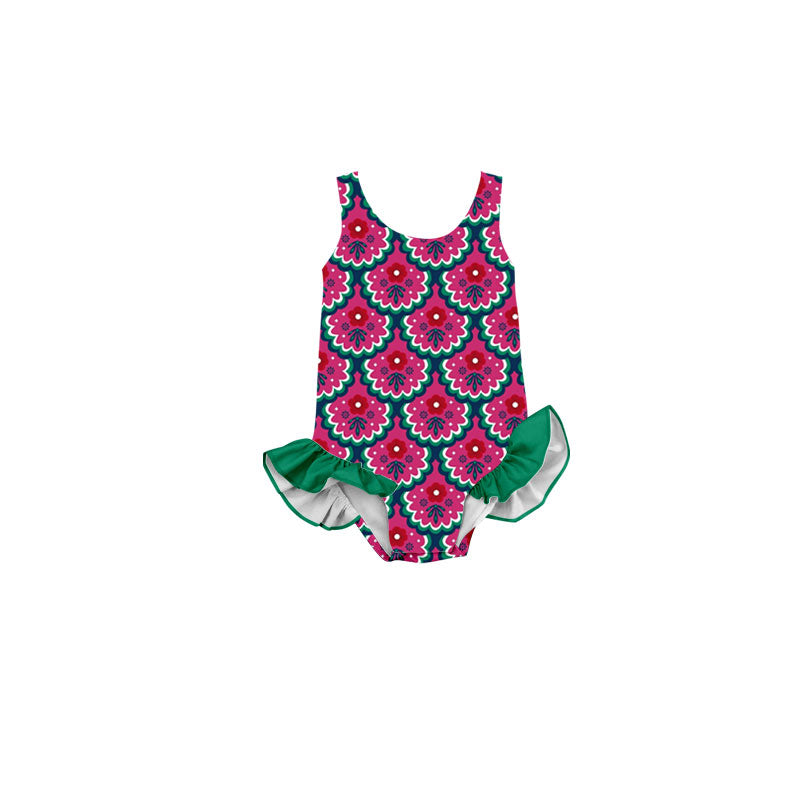 Preorder(moq 5) Baby Girls Flowers Checked Ruffle Swimsuits