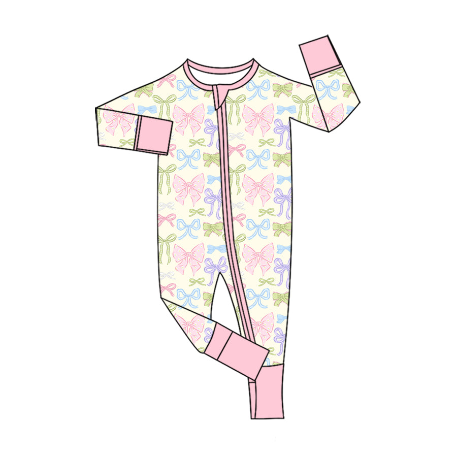 Preorder (moq 5)Baby Girls Long Sleeve Colorful Bows Two Way Zip Convertible Rompers