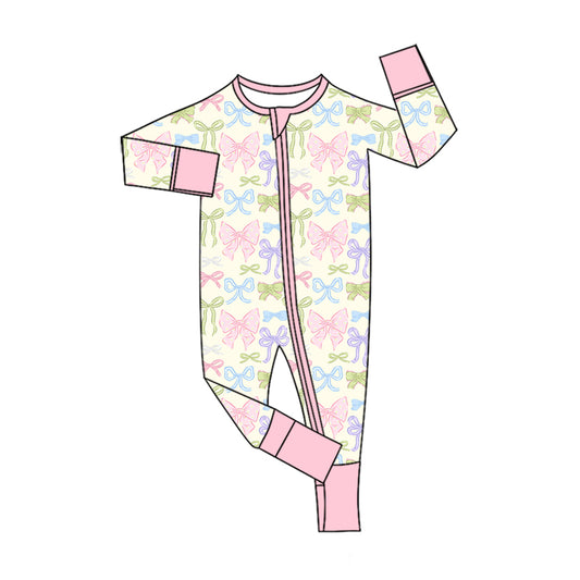 Preorder (moq 5)Baby Girls Long Sleeve Colorful Bows Two Way Zip Convertible Rompers