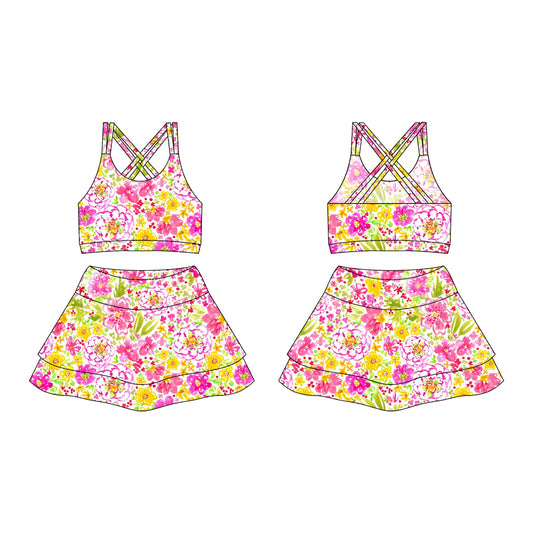 Preorder moq 10 Baby Girls Strap Pink Yellow Flowers Activity Wear Vests Top Short Skirts Yoga Set