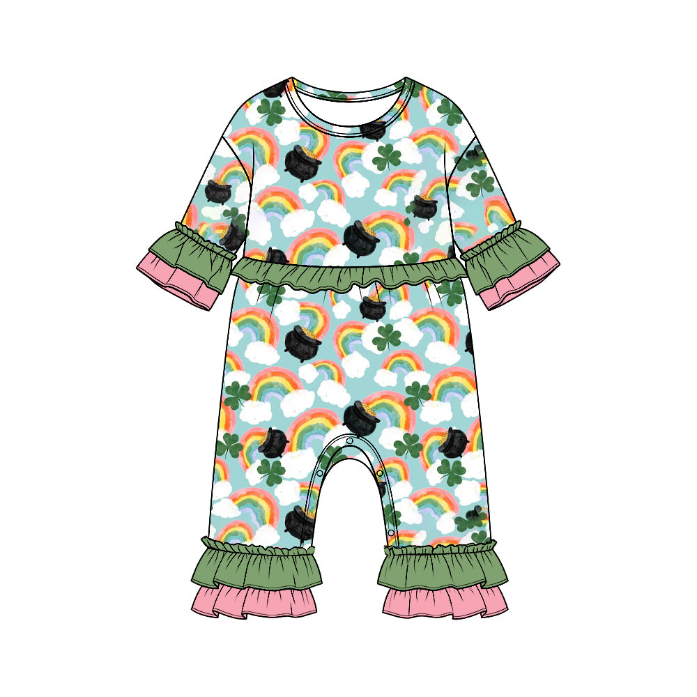 Preorder moq 5 Baby Girls’ St. Patrick’s Day Ruffle Long-Sleeve Romper, Shamrock & Rainbow Print Holiday One-Piece Outfit