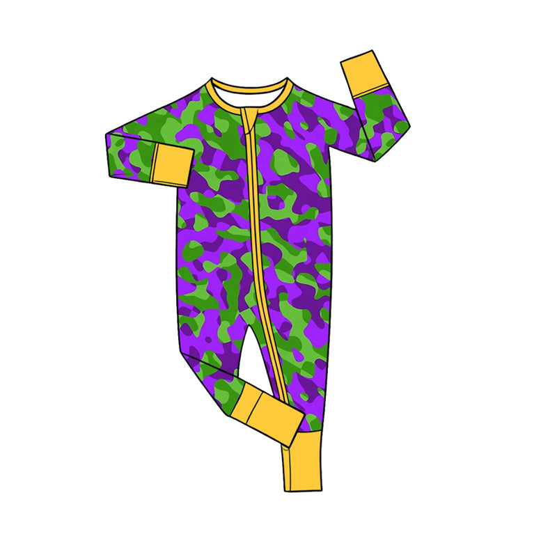 Preorder (moq 5) Baby Girl Clothes Mardi Gras Camo Allover Print Long Sleeve Zipper Romper