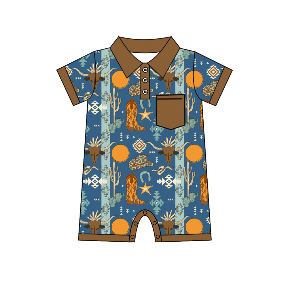 Preorder(moq 5)Baby Infant Boys Western Aztec Boots Pocket Rompers