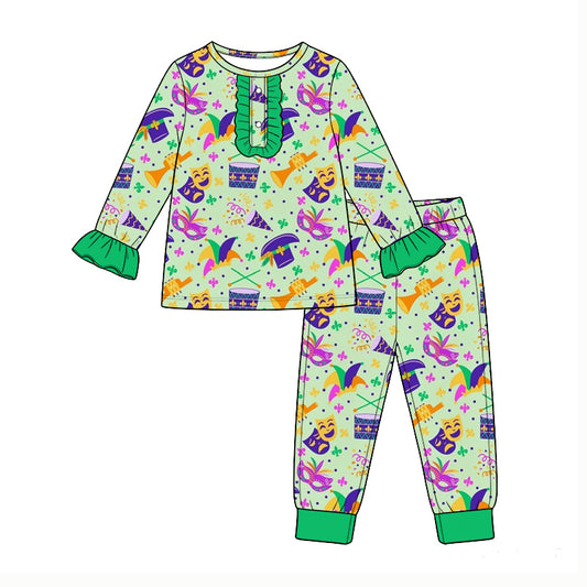 Pre-order(moq5) Baby Girl Clothes Mardi Gras Instrument Mask Print Long Sleeve Ruffle Placket Pajama Set