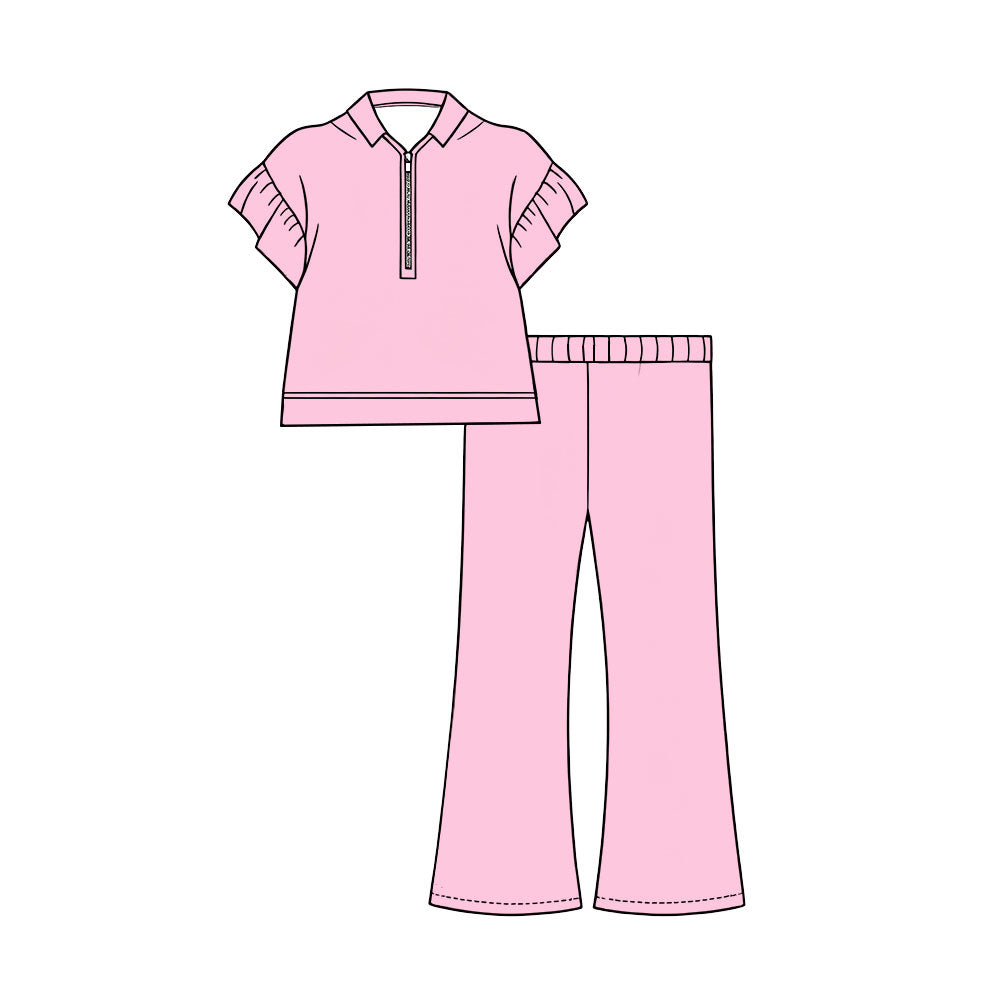 Preorder (moq 5)Baby Girls Pink Short Ruffle Sleeve Zip Pullovers Flare Pants Clothes Sets
