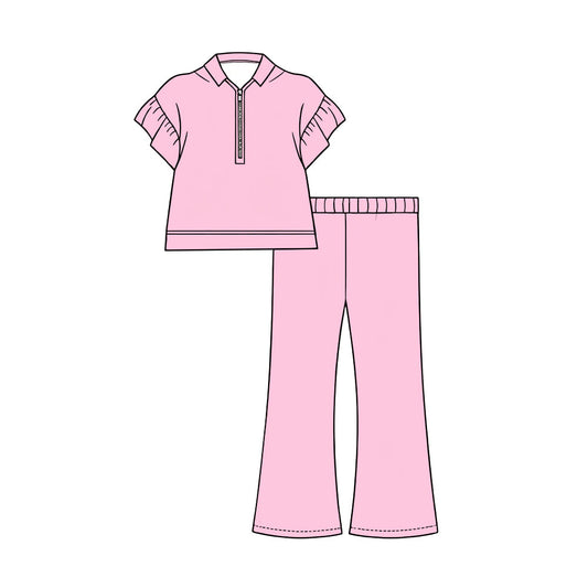 Preorder (moq 5)Baby Girls Pink Short Ruffle Sleeve Zip Pullovers Flare Pants Clothes Sets