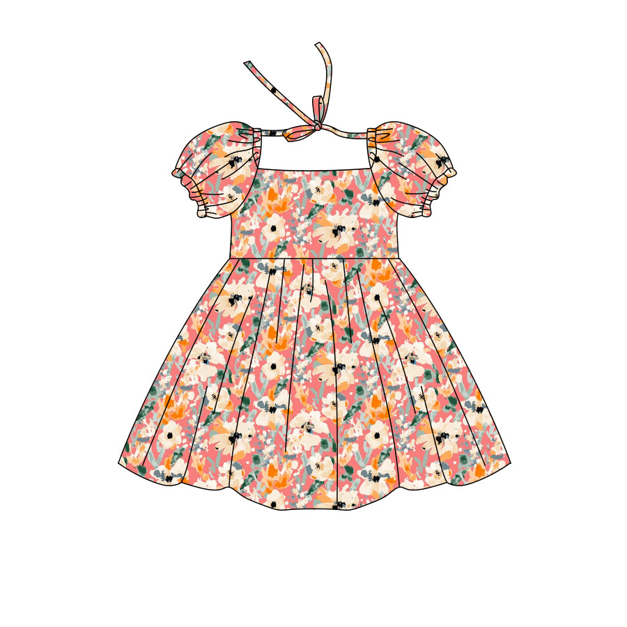 Preorder (moq 5)Baby Girls Short Ruffle Sleeve Colorful Floral Knee Length Dresses