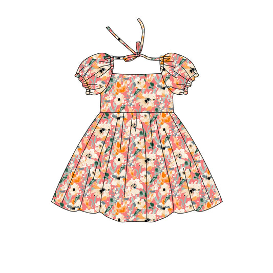 Preorder (moq 5)Baby Girls Short Ruffle Sleeve Colorful Floral Knee Length Dresses