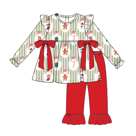 Preorder (moq 5)Baby Girls Gingerbread Gift Stripe Tunic Ruffle Pants Christmas Clothes Sets