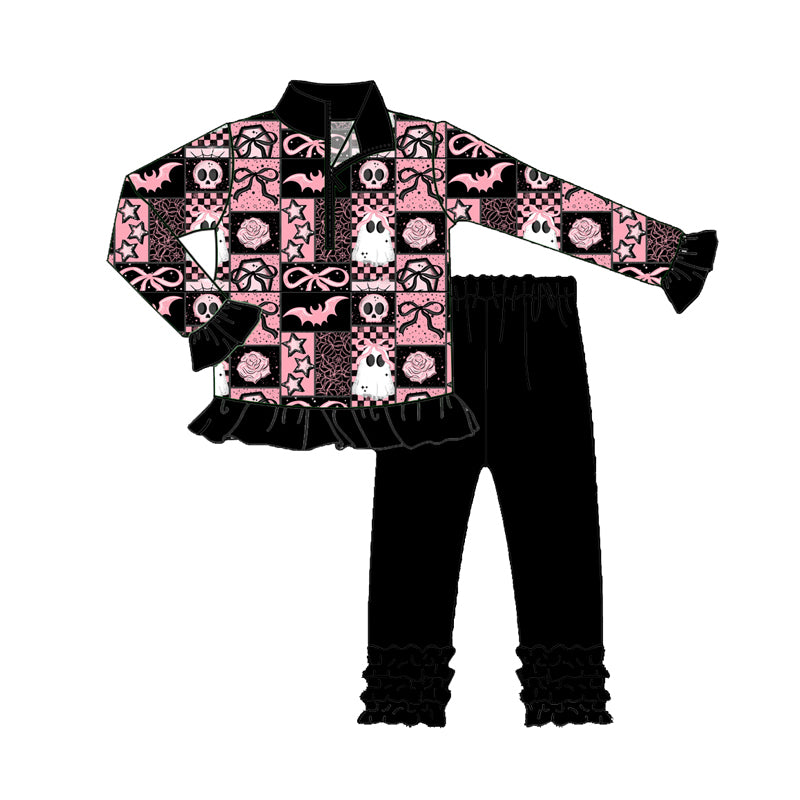 Preorder (moq 5)Baby Girls Ghost Bows Plaid Zipper Pullover Legging Pant Halloween Set