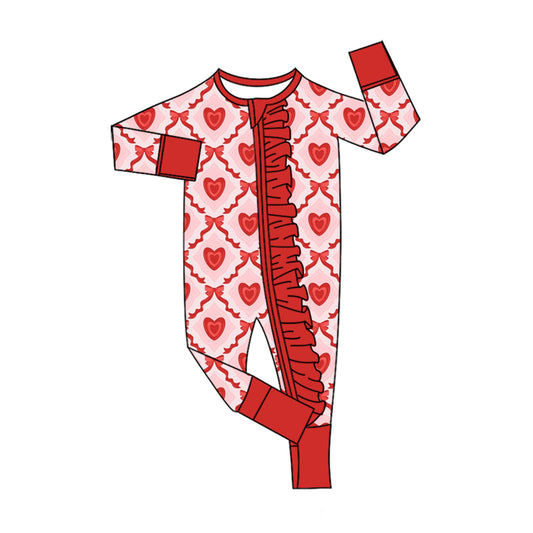 Preorder (moq 5) Baby Girl Clothes Diamond Heart Bow Mixed Print Long Sleeve Ruffle Zipper Romper