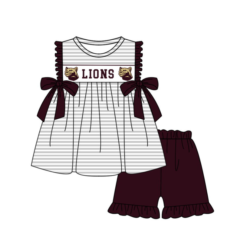 Preorder (moq 5)Baby Girls Lions Bows Stripe Tunic Ruffle Shorts Team Clothes Sets