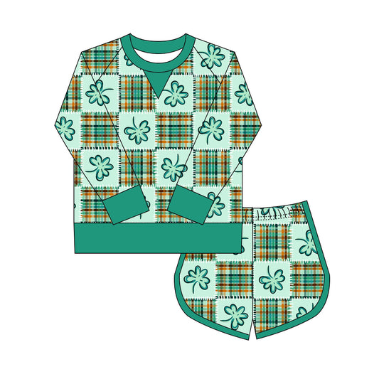 Preorder(moq 8)Baby Girls Green Clovers Checked Long Sleeve Top Shorts St Patrick Clothes Set