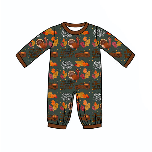 Preorder (moq 5)Baby Boys Turkey Pumpkins Thanksgiving Two Way Zip Convertible Rompers