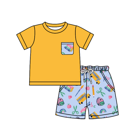 Preorder (moq 5)Baby Boys Yellow Short Sleeves Pocket Top Peaches Pencils Shorts Set