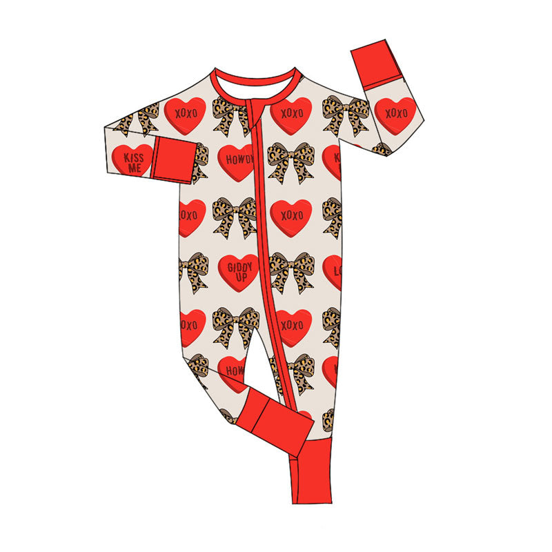Preorder (moq 8)Baby Girls Leopard Hearts XOXO Valentine Zipper Footie Rompers