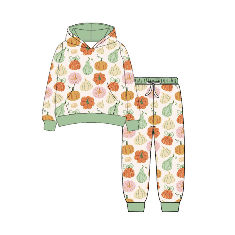 Preorder (moq 5)Baby Girls Long Sleeve Colorful Pumpkins Pocket Hoodie Jogger Fall Sets