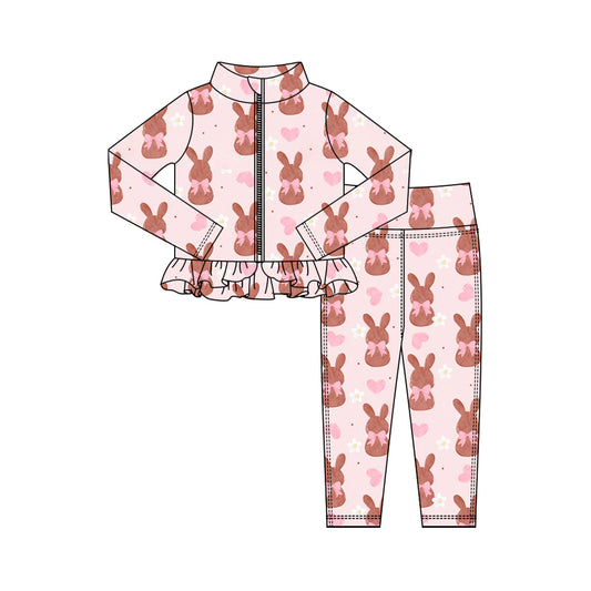 Preorder (moq 5) Baby Girl Clothes Easter Chocolate Bunny Bow Heart Daisy Print Zip Up Ruffle Top Legging Set