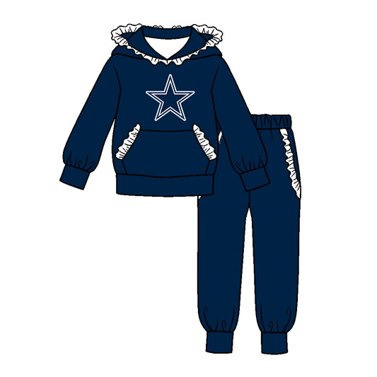 Preorder (moq 5)Baby Girls Navy Cowboys Pocket Ruffle Hoodie Joggers Team Clothes Set