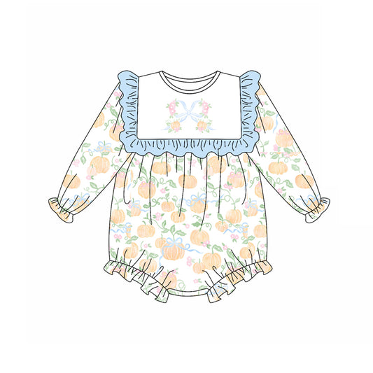 Preorder (moq 5)Baby Girls Long Sleeves Bows Pumpkins Ruffle Rompers