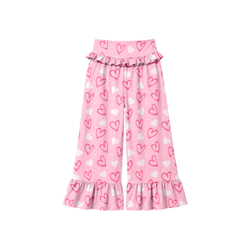 Preorder (moq 5) Baby Girl Clothes Pink White Heart Dot Mixed Print Long Waist Ruffle Bell Bottom Pants